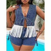 Chaleco Vaquero Sin Mangas Con Flecos Estilo Vaquera Para Mujer De. Chaqueta Vaquera Estilo Western Con Lazo Frontal. - inicial - Ver 2