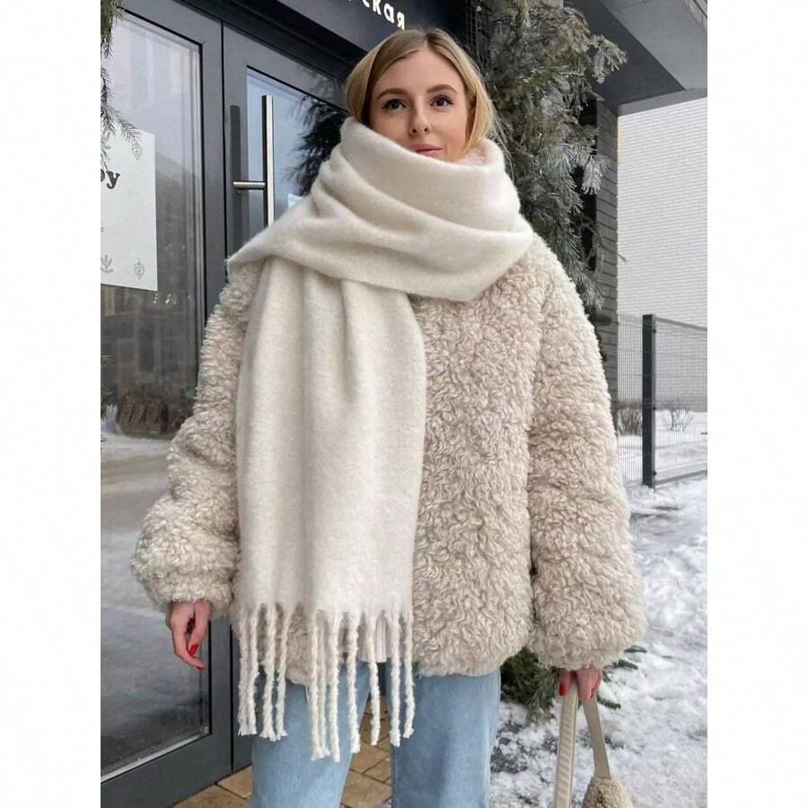 1pc Women Autumn/Winter New Plush Tassel Scarf, Warm And Comfortable Large Shawl, Windproof And Warm For Outdoor, Simple And Versatile For Daily Wear Women Winter Scarves For Dress - 白2 - 查看 1