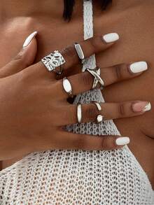 6pcs/8pcs Set Minimalist Chic Metal Geometric Open Band Rings, Unique Personalized Versatile Rings, Perfect Gift For Daily, Casual, Date, Shopping - Multicolor - View 12