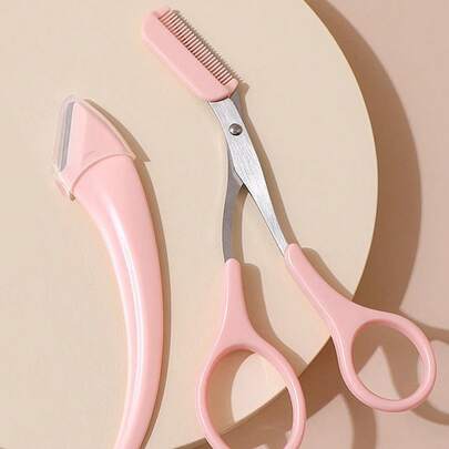 Meoky 2pcs Eyebrow Grooming Kit, Including Angled Eyebrow Razor And Eyebrow Scissors With Comb, Suitable For Beginners, Unisex Hair Removal Accessories