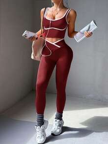 Aoqta Sports Women's Two Pieces Valentines Day Outfit Casual Contrast Color Sleeved Halter Top And Cross High Waist Slim Pants Yoga Exercise Set For Gym Sports Running Yoga Pilates