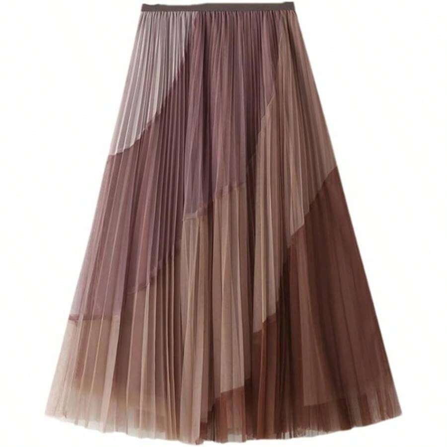 Falda plisada de malla de gasa para mujer, longitud media pantorrilla, falda acampanada, Rosado, Talla nica - inicial - Ver 1