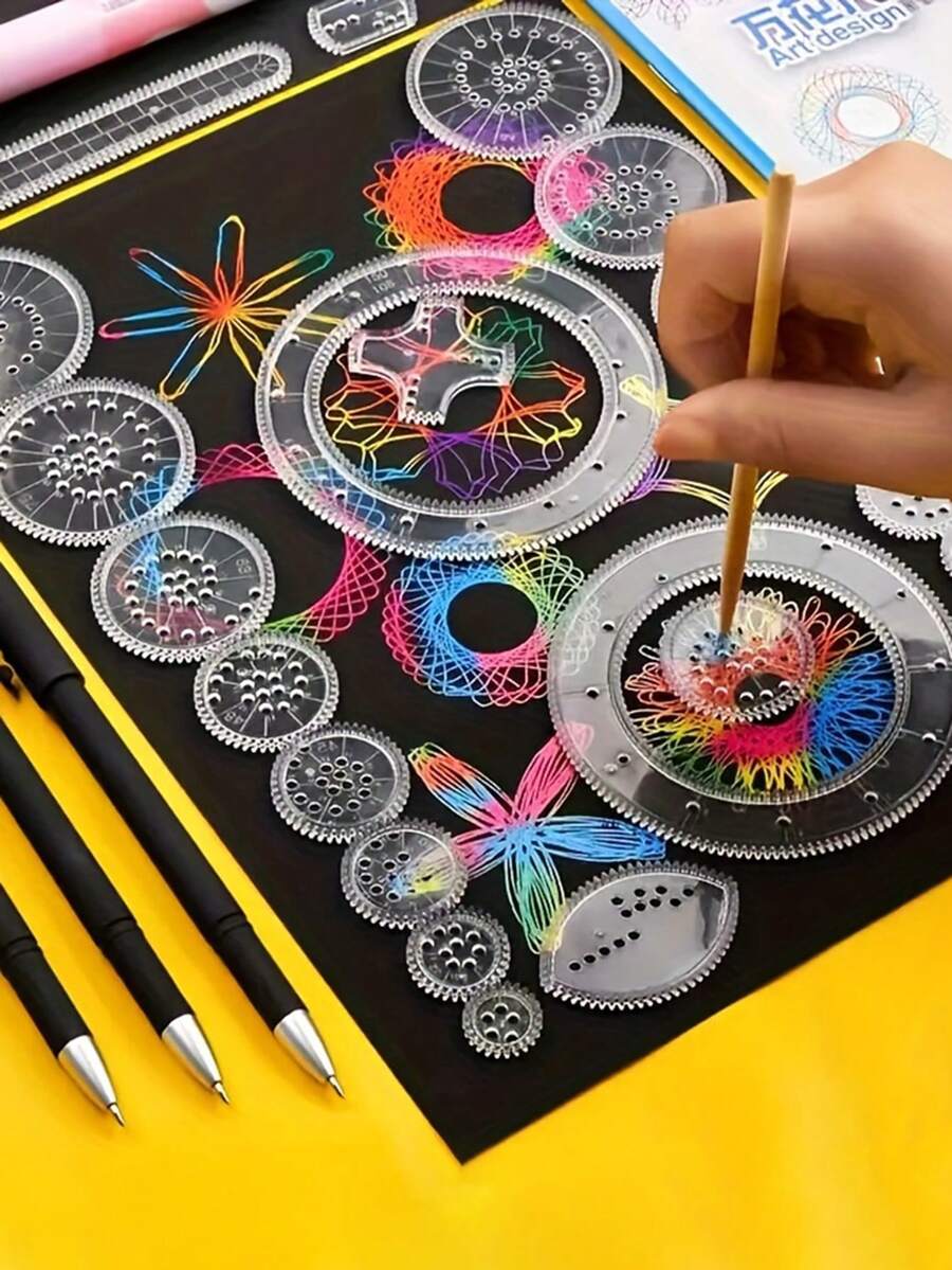 儿童彩虹刮画纸套装 - 23 件套，包含 22 个螺旋几何模板、1 个塑料绘图模板和 1 把测量尺