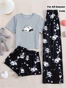 3件套灰色卡通印花短袖睡衣上衣，女士家居服 - 灰色 - 查看 1