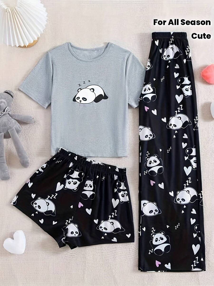 3件套灰色卡通印花短袖睡衣上衣，女士家居服 - 灰色 - 查看 1