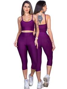 Conjunto Calça Corsario + Top Alça Feminino Fitness - Roxo - Visão 2