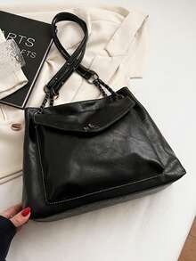 女士时尚大容量单肩手提包，简约纯色手提包，斜挎包，工作包，旅行包，多功能链条肩带包 - 黑色 - 查看 6