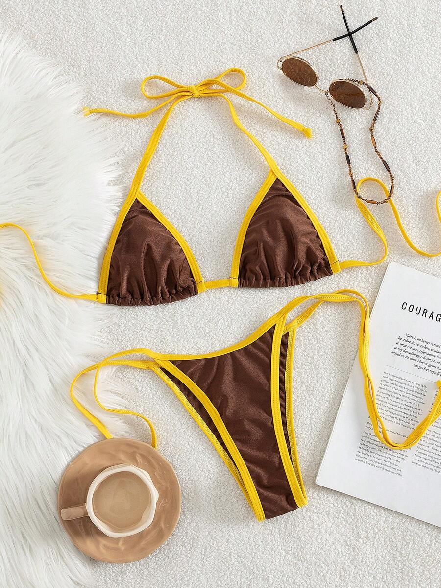 Nuevo conjunto de bikini elegante y de moda con halter de unicolor y suave, traje de baño de verano para mujer para vacaciones en la playa - Marrón - Ver 1