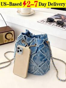 [US-Based Shipping]New Fashion Classic All-Match Solid Color Diamond Lattice Raw Edge Metal Drawstring Opening And Closing Design Shoulder Bucket Bag, Elegant Women's Wallet, Suitable For Shopping, Commuting To Work, Party Gatherings - 藍色 - 查看 5