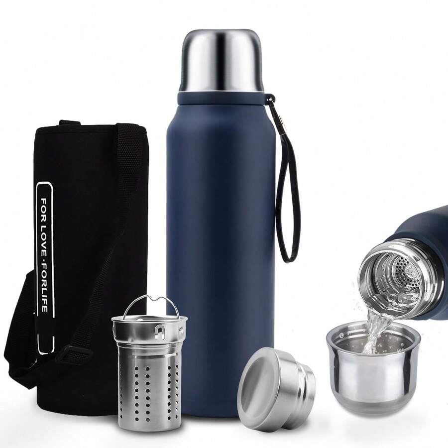 SSGP Termo de Acero Inoxidable 1000ML,Termo para Agua con Infusor de Té,Botella de Agua,Cierre Hermético,Sin BPA,Manténgase caliente y frío(24 horas),con manga de botella,A prueba de derrames - Azul oscuro - Ver 1