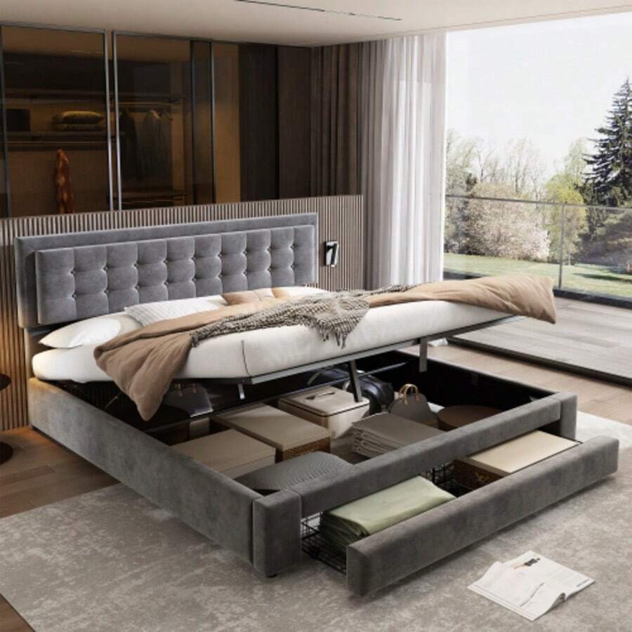 Bed Frames - Gray + Velvet + 160cm*200cm - View 1