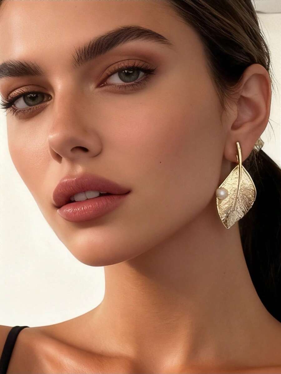 1 Par de Brincos de Botão com Design de Folha Vintage e Pérola Falsa, Adequado para Uso Diário