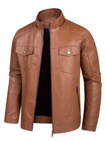 Nueva chaqueta de cuero para hombres con forro, estilo casual, diseño motociclista, ajustado, versión coreana, chaqueta de PU para hombres. - Marrón - Ver 6