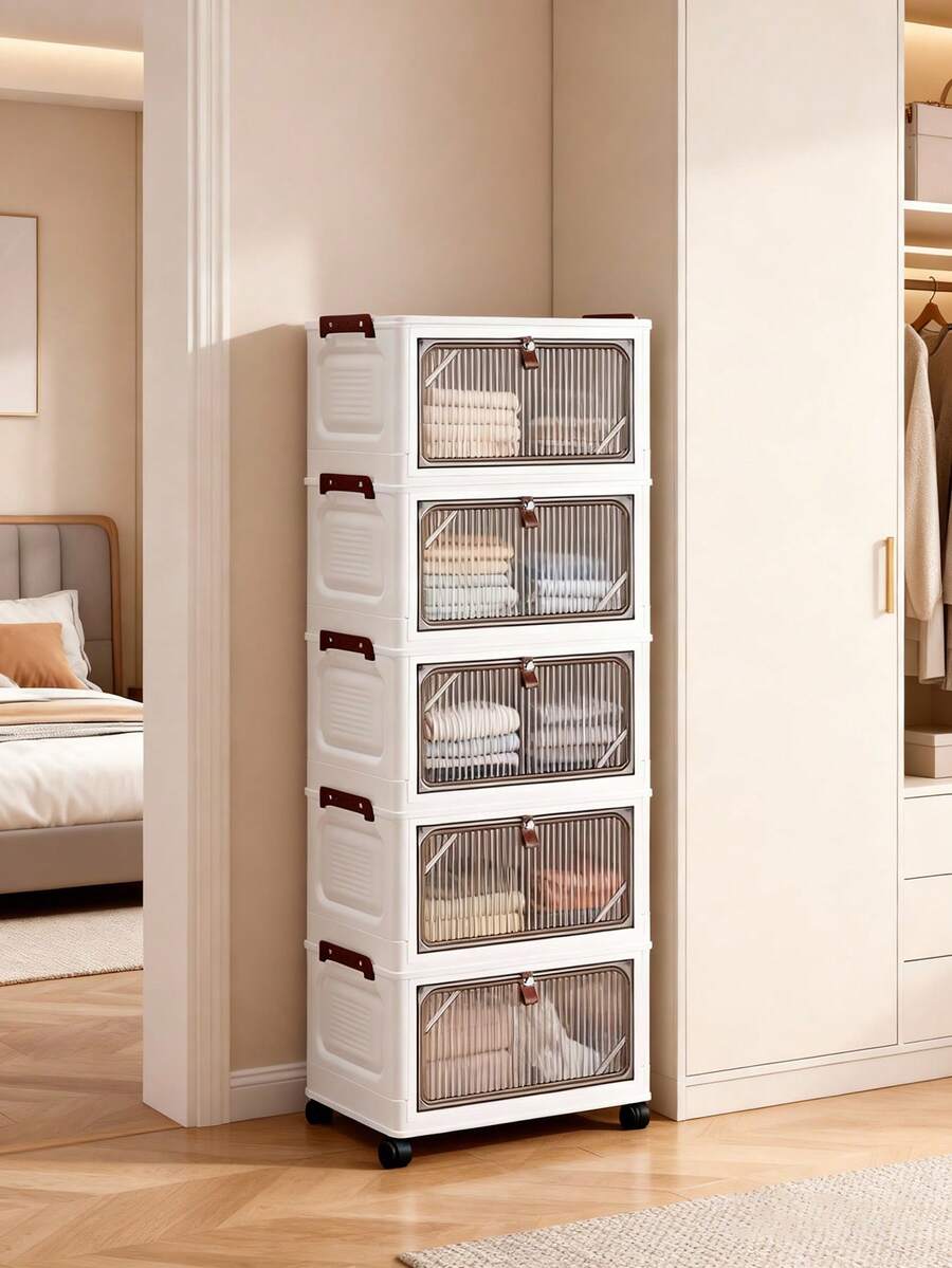 1pc Foldable Wardrobe Organizer Box, (38cm-58cm Wide) Plastic Storage Cabinet With Flip Cover, Portable Home Closet, Living Room Toy Cabinet, Snack Cabinet Organizer, Kitchen Floor Standing Rack, Christmas & Halloween Gift, Bathroom Tissue Paper Storage Box, Bedroom Storage Rack, Collapsible Shoe Rack - 透明 - 查看 1