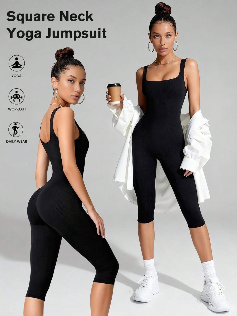 VVX Women's Shapewear Capris Jumpsuit,Square Neck Seamless Tummy Ribbed Sexy Backless Jumpsuit,For GymYoga, Running Outdoor Sports - 黑色 - 查看 1