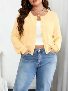 Plus Size Casual Solid Color Round Neck Long Sleeve Loose Short Women's Cardigan Sweater, Warm And Comfortable, Comfortable And Chic, Daily Commuting