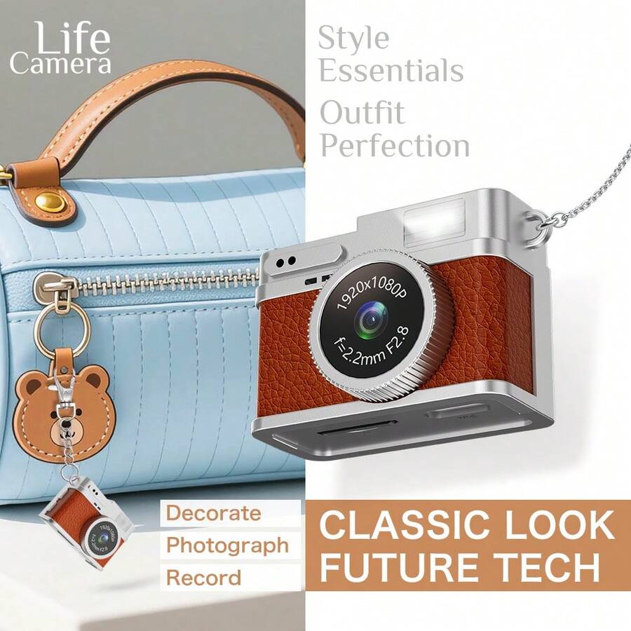 Accesorio de colgante con grabación de video HD 1080P, mini cámara con pantalla OLED de 0.96", enfoque automático y flash - Cámara digital portátil y retro - Negro - Ver 1