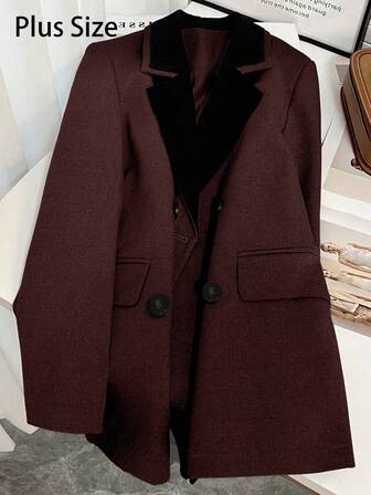 女士酒红色西装外套，黑色翻领 - 双排扣，优雅的办公及休闲装，大码外套