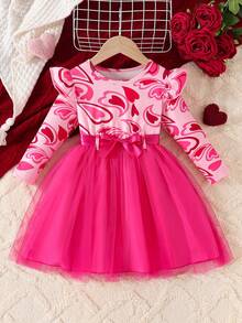 Valentine's Day Heart & Letter Print Mesh Patchwork Dress With Belt For Young Girls - Hot Pink - View 3