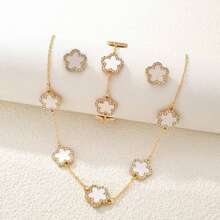 4pcs Glittering Clover Jewelry Set, Diamond Encrusted Black Flower Necklace, Bracelet, Earrings, Casual Everyday Wear, Holiday Gift Accessory - Multicolor - View 11