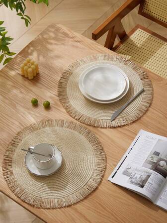 1/4/6/8pcs Simple Round Gradient Dual-Color Tasseled Beige/Khaki Paper Placemats, Heat-Resistant Non-Slip Kitchen Table Mats, Insulation Pads, Coasters, Decorations For Dining, Party, Family Gathering
