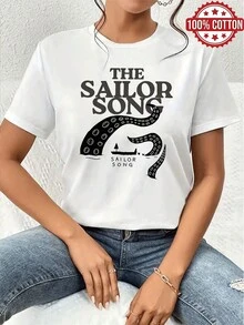 1PC 100% Cotton Sailor Song Octopus Print Women's Short Sleeve TShirt, Perfect Birthday Gift, Holiday Gift. - Blanco - Ver 1