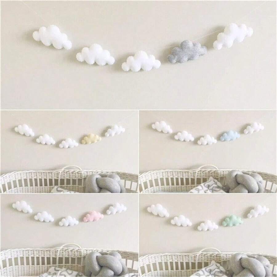 Set de 5 decoraciones colgantes de pared en forma de nube de estilo nórdico hechas de fieltro, adecuadas para la habitación de los niños, la cuna del bebé, la tienda de campaña, la decoración de la habitación - Multicolor - Ver 1