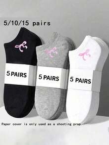 5Pairs Unisex Comfortable Versatile Solid Color Black/White/Gray Bowknot Ankle Socks - Multicolor - View 2