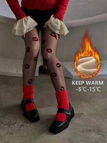 1 Pair Of Winter Black Kiss Pattern Tights! Warm & Flirty With Slimming Fit For Office Commute & Romantic Style! One Size Fits Most - Multicolor - View 6
