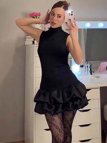 Elegant Lace Splicing Dress For Women Sleeveless High Neck Sexy Mini Dresses Female Chic Party Vintage Woman Evening Dress Black Summer - 黑色 - 查看 8