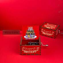 复古手摇木质音乐盒，带有生日快乐图案，适合生日、周年纪念日、情人节等场合，也可作为家居装饰工艺品，无需用电 - 彩色 - 查看 5