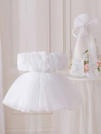 Baby Girls' Solid Color Pleated Organza Faux Pearl Cute Birthday Party Princess Dress, Suitable For Gatherings, Flower Girl, Wedding, Christening