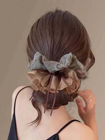 (Random Style) Korean Ribbon Bow, Spiral Scrunchie, Floral Dual-Tone Mesh Scrunchie, Vintage Chic Niche Hair Tie, Versatile Hair Accessory For Buns ,Scrunchy Hair Ties