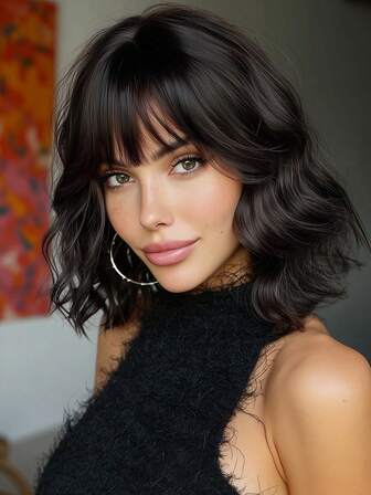 14英寸黑色假发，卷发假发，带刘海，短卷发合成假发，短波浪合成假发，短刘海假发，适合女性和女孩日常佩戴，派对装扮