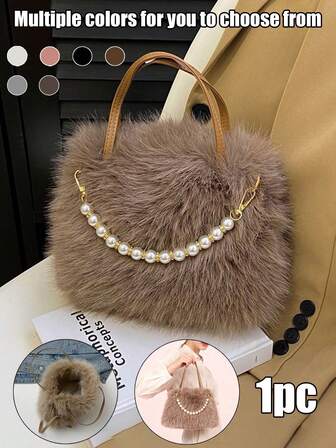 Leichte Kunstfell-Schultertasche, Damen mit verstellbarem Riemen mit Perlenkette, Magnetverschluss, waschbarer Plüsch-Handtasche mit Oberteil-Griff für tägliche Ausflüge, Honiggirl-Stil mit Kunstleder-Futter, Damen Flauschige Shopper-Tasche, Flauschige Schultertasche, Lässige Kunstfell-Handtasche, Schicke Winter-Stil Tasche, Angesagter Tasche mit weicher Textur und Fellgriffen für tägliche Ausflüge, Einkaufen, Winterveranstaltungen und lässige Anlässe