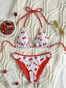 水果蔬菜印花可爱露背系带女士泳衣套装，沙滩度假 - 彩色 - 查看 1