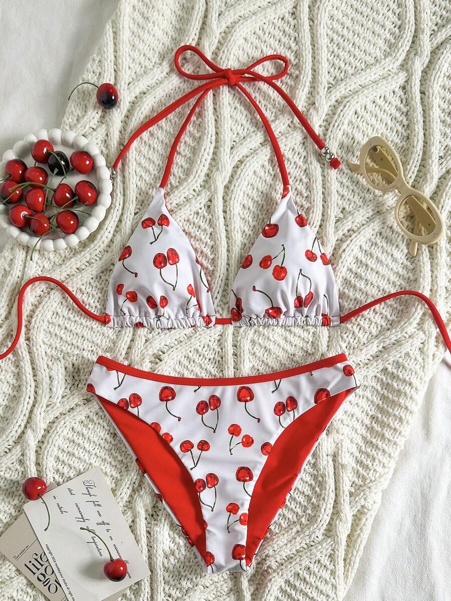 水果蔬菜印花可爱露背系带女士泳衣套装，沙滩度假 - 彩色 - 查看 1