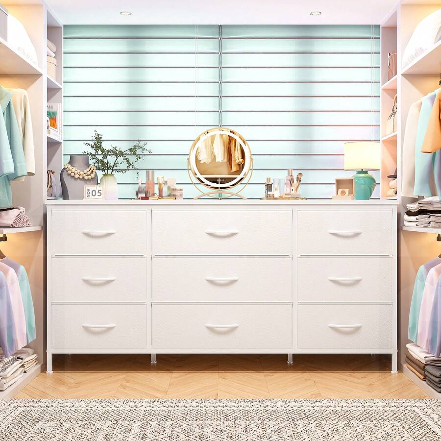 EnHomee Dresser TV Stand With 9 Drawers For 60'' TV Stand For Bedroom Long Dresser For Bedroom Wide Dressers & Chests Of Drawers, Sturdy Metal Frame & Wood Top, Living Room, Closet, White - trắng - Xem 1