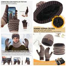 Conjunto Completo de Sombrero, con Gorros para , Guantes Tactiles, Bufandas, con Forro de Felpa, para Clima Fro Actividad al Aire Libre Esquiar Ciclismo - Marrón - Ver 1
