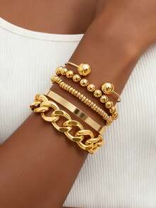 7pcs/Set European & American New Minimalist Multi-Layer Braided Chain, Metal Blade Chain Bracelet Set, Bohemian Fashion Layered Bracelet Suit For Women, Fashionable Jewelry For Daily & Party Wear