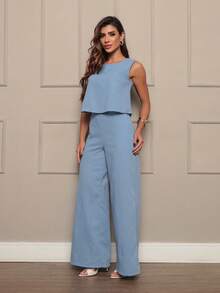 Stylish Women's Linen Pants And Blouse Set - Neblina azul - Ver 4