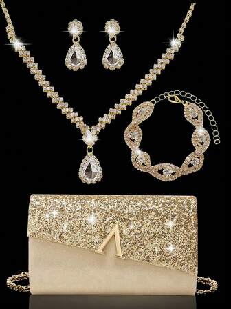Ladies' Diamond Jewelry Set, Sparkling Luxury Rhinestone Jewelry Set, Sparkling Necklace Earring Bracelet Set, Elegant Handbag Fashion Banquet Bag, Sparkling Handbag V-Shaped Diamond Flip Cover Envelope Bag, Elegant Handheld Banquet Bag, Ladies' Ball Handbag, Ladies' Bridal Banquet Bag, Dance Party Handbag, Metal Chain Handbag, Wedding Party Handbag, Cocktail Party Wedding New Wallet Banquet Bag