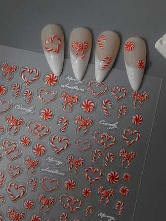 1 pieza Pegatina de uñas de Navidad con caramelo rojo en relieve 5D, Decoración de uñas autoadhesiva e impermeable DIY