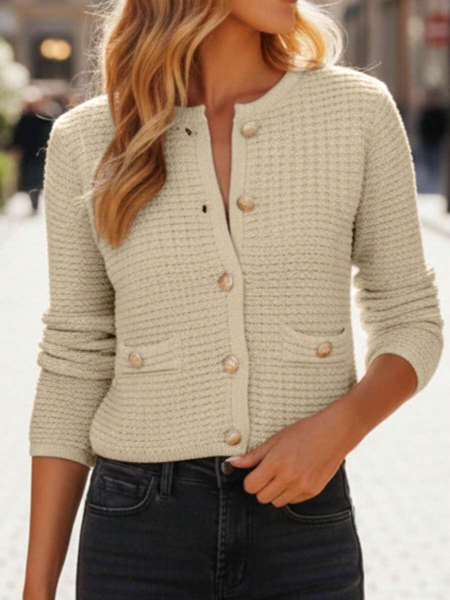 Áo len cardigan cài nút thời trang - Áo len dài tay thường ngày, màu trơn, thời trang thu đông cho nữ - Rượu sâm banh - Xem 1