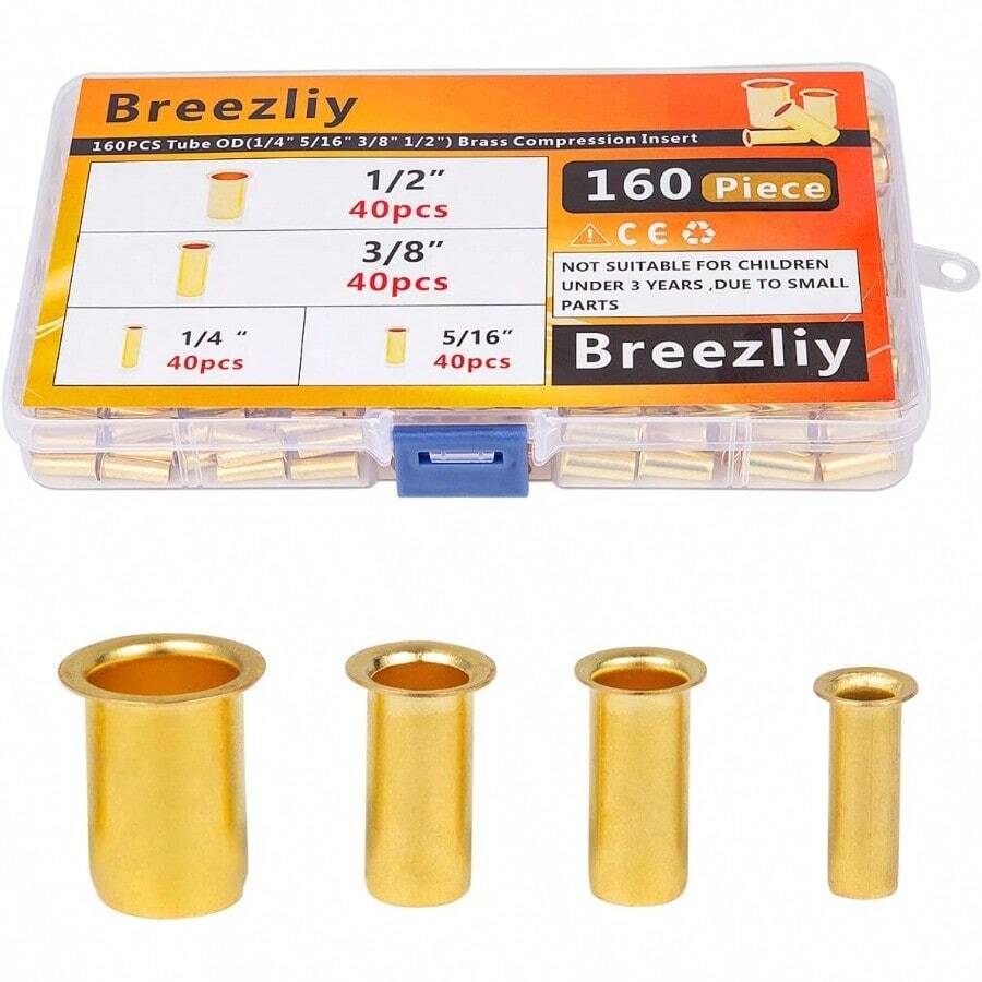 160 piezas de tubo OD 1/4 5/16 3/8 1/2 inserto de compresion de laton kit surtido de accesorios de compresion de laton soporte de tubo de insercion de manga de compresion - Amarillo - Ver 1