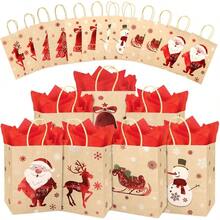 Xmas Bags 24 Pack Bags Gifts Kraft Paper Bag Bulk With Handles And 25 Tissue Papers 6 Designs Reusable Small Holiday Xmas GiftBags Party Favors Goodie Bag - Simple Style 24 PCS - View 1