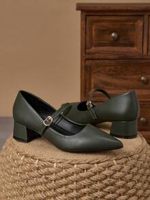 MonaNise Mary Jane Women's Fashion Pointed Toe Low Vamp Closed Heel Pump Shoes, Sexy Vintage Casual Coffee Color Versatile High-End Shoes For Vacation, Travel, Shopping, Outdoor - Army Green - View 2