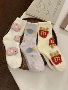 4 paires de chaussettes d'équipage en polaire de corail épaisses pour femmes avec motifs de frites et de gâteau. Chaudes, confortables, convenant pour un usage quotidien, à la maison et pour dormir. - Multicolore - Voir 5
