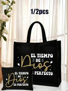 两件套黑色亚麻手提袋，彩色“Alos”字母图案，大容量收纳袋，个性化礼物，适合结婚纪念日和朋友生日，女士时尚帆布手提包，带纽扣，厚实亚麻材质，非常适合购物，情人节礼物，适合赠送给家人、朋友、同学、同事和爱人。 - 彩色 - 查看 12