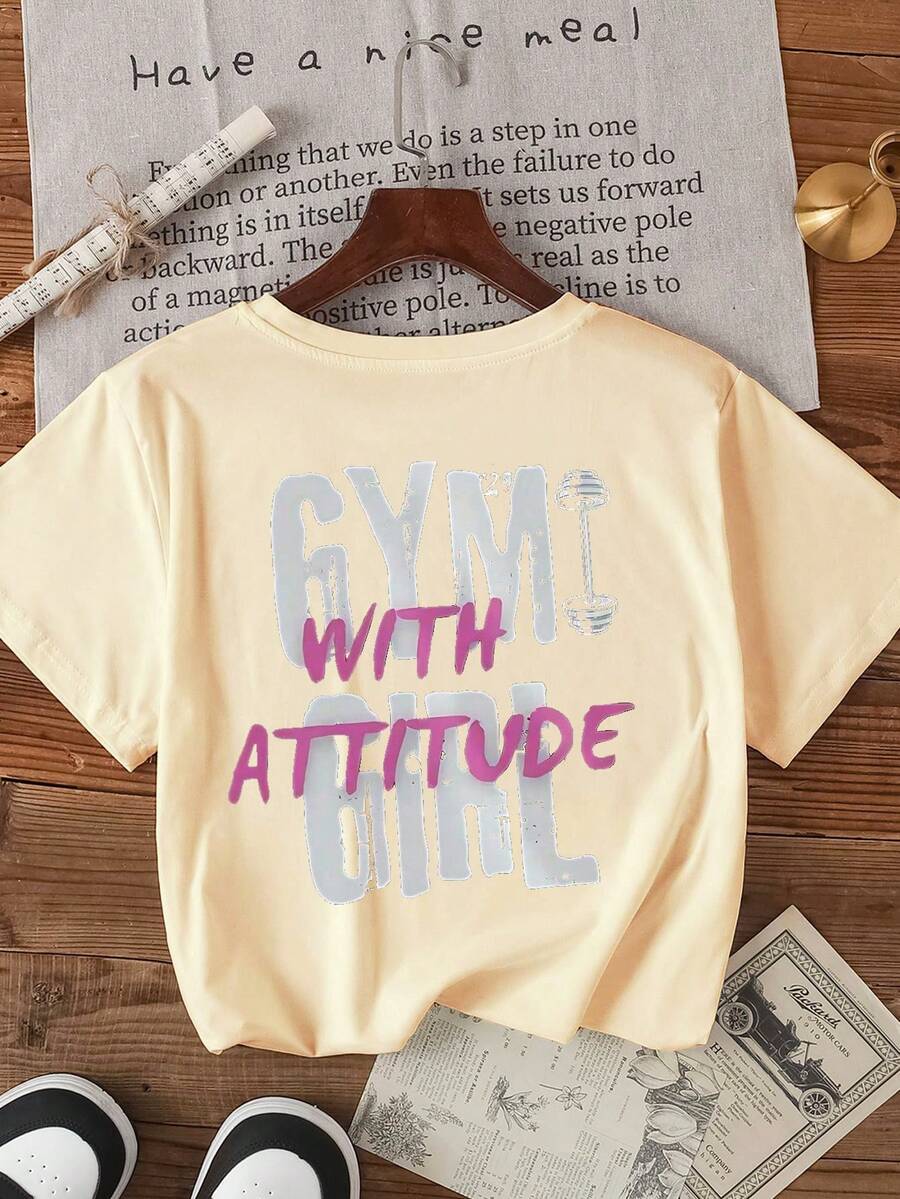 Gym Tee For Summer Fitness Girls: Personalized Dumbbell Graphic T-Shirt - Apricot - View 1